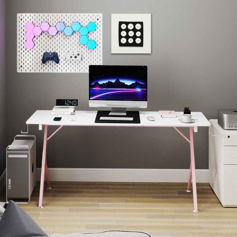 63-Inch Large Gaming Desk for Home – Spacious PC & Computer Setup, White/Pink