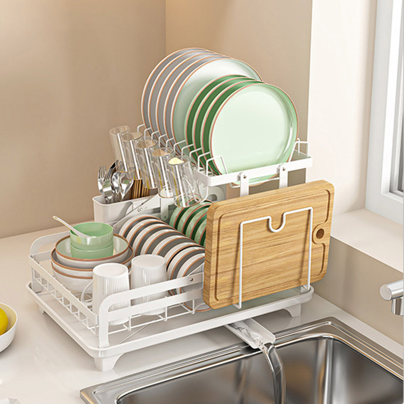 2-Tier Metal Dish Drying Rack with Drain Board 360-Degree Rotatable Anti-Rust Coating, Black