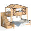 Lit superposé simple au dessus d'une maison double avec escalier de rangement et tablettes, portes de grange, conception de maisonnette, naturel