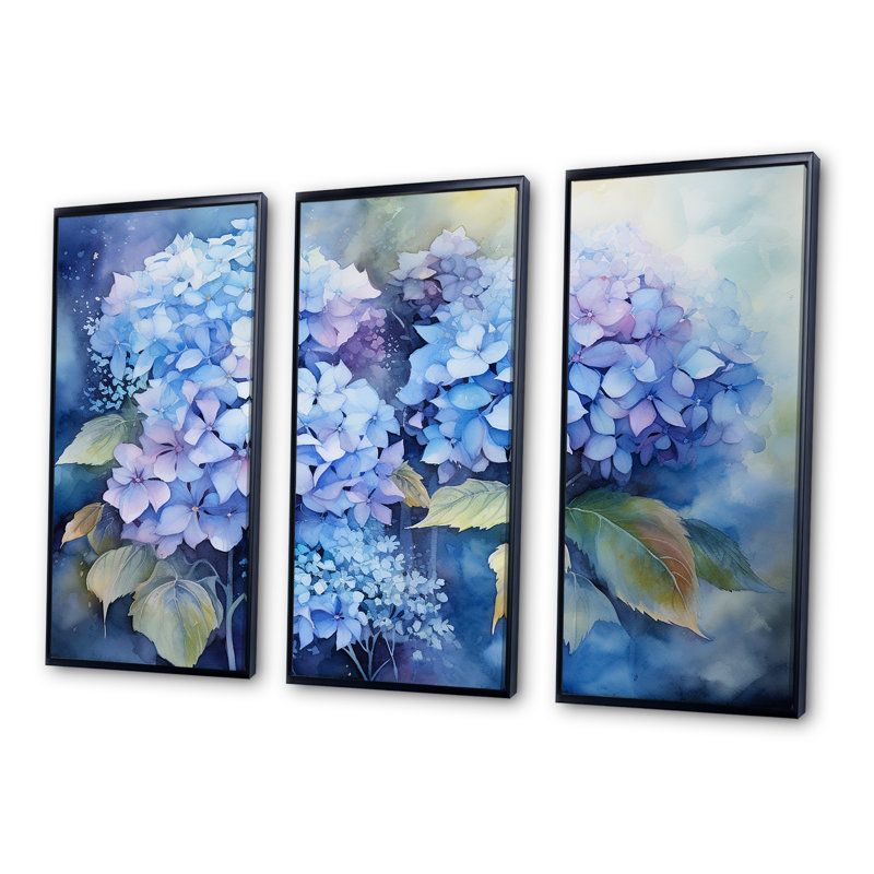 «Blue Hydrangea Farmhouse Still Life I - Hydrangea», ensemble d'art sur toile, Cadre flottant noir