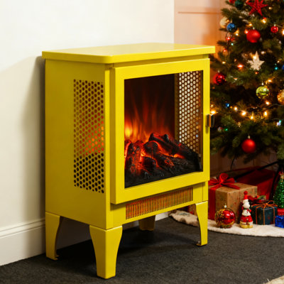 Freestanding 18 Inch Electric Fireplace, Lemon Yellow, 3d Flame Effect, 1400w/700w Heat, 5000 's Per Hour, Safe For Pets, Panoramic 3 - Sided Design, Easy To Store With Removable Foot, Golden Door