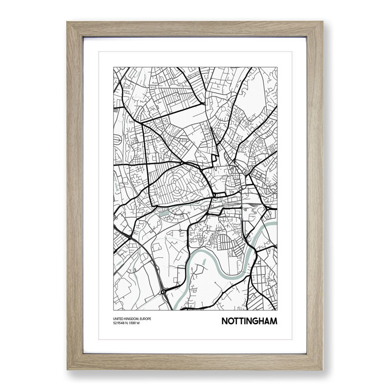 Map Nottingham UK - Picture Frame Graphic Art, 65cm H x 48cm W x 2cm D, Oak