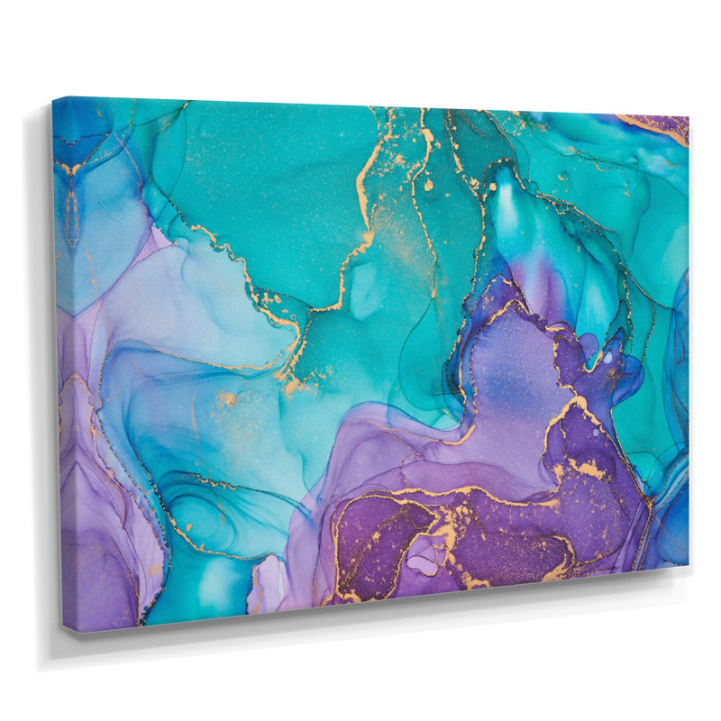 Turquoise et mauve liquide Art I - impression d'art moderne sur toile, H 30 po x l 40 po, Toile tendue