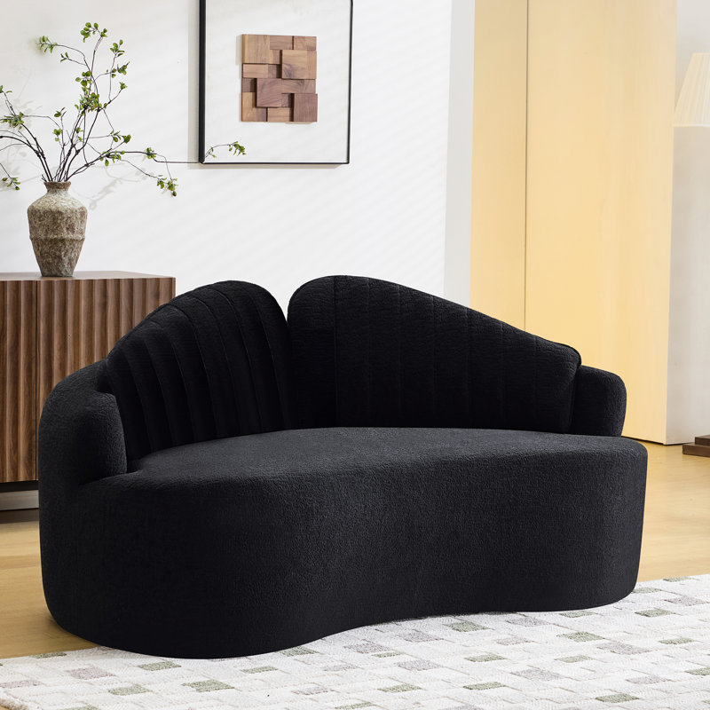 Canapé 2 places incurvé, revêtement en chenille noire, déhoussable, structure comprimée, style rétro minimaliste pour petits espaces, assise mi-ferme, mousse et ressorts, 4 places, profondeur 175 cm