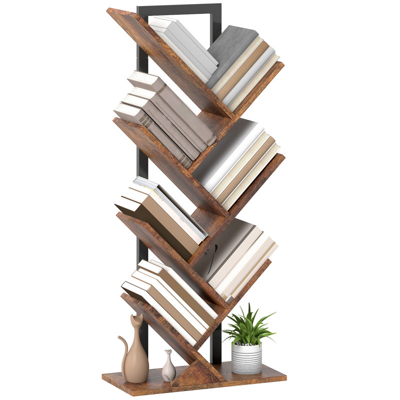 HOMCOM Tree Bookshelf Industrial Bookcase Steel Frame, (7 Shelves) 109cmH x 50cmW x 24cmD, Rustic Brown