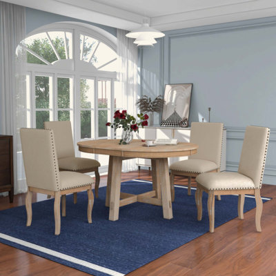 5-Piece Farmhouse Dining Table Set Wood Round Extendable Dining Table and 4 Upholstered Dining Chairs