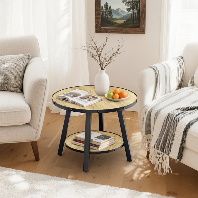 23.6'' Modern Round End Table with 4-Legsa&2-Tier Storage Shelves For Living Room&Bedroom, Natural Wood