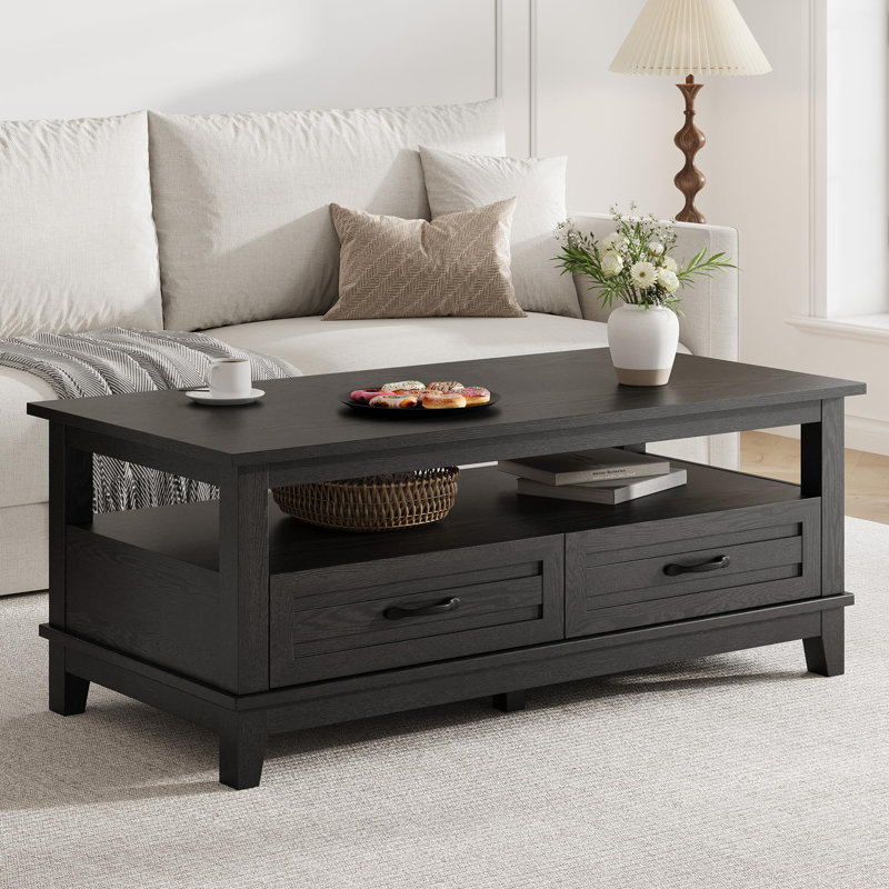 Table basse de 47,2 po avec tiroirs, table centrale rustique avec tablette ouverte et pieds de soutien, table de salon en grain de bois avec rangement pour bureau personnel, noir