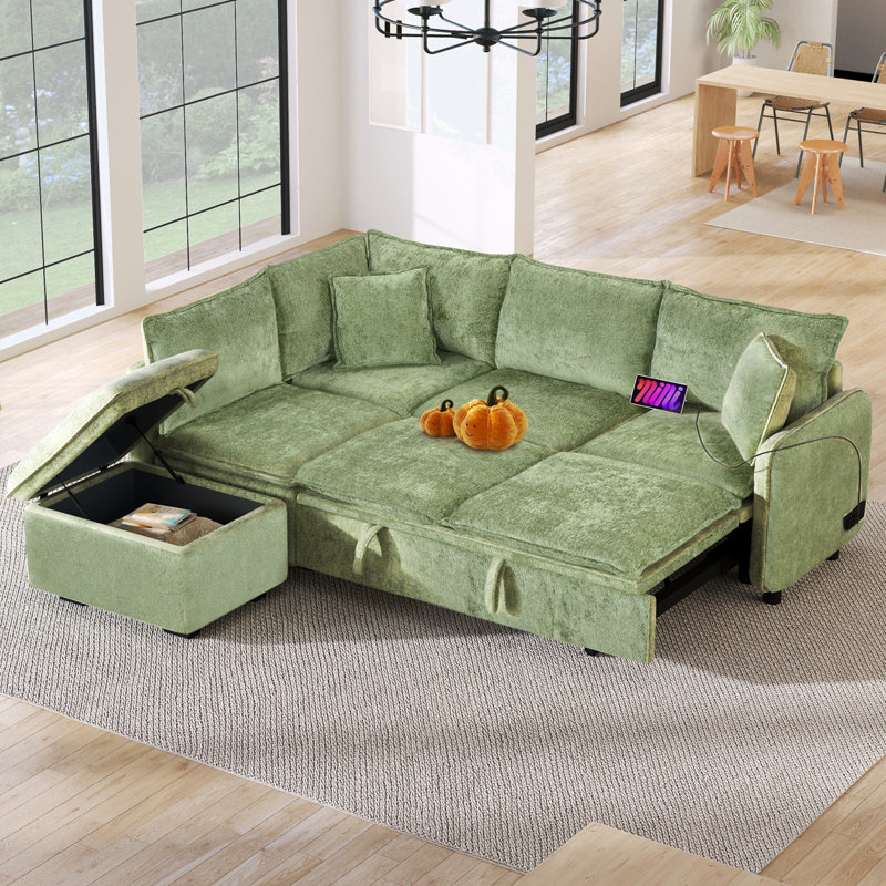 Tivarris Upholstered L-Shaped Sectional Left Hand Facing, Green Chenille