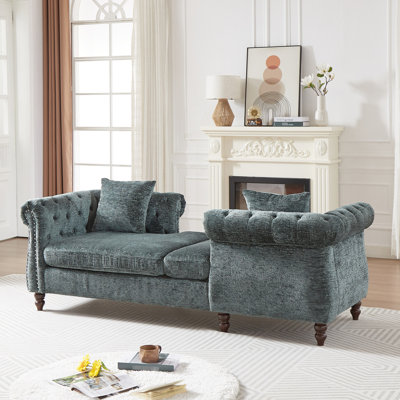 Méridienne de 81 po en chenille avec boutons, garniture cloutée, deux coussins, accoudoirs roulés pour les détails de salon et de bureau de 81 po, garnis, salon, bureau, une personne