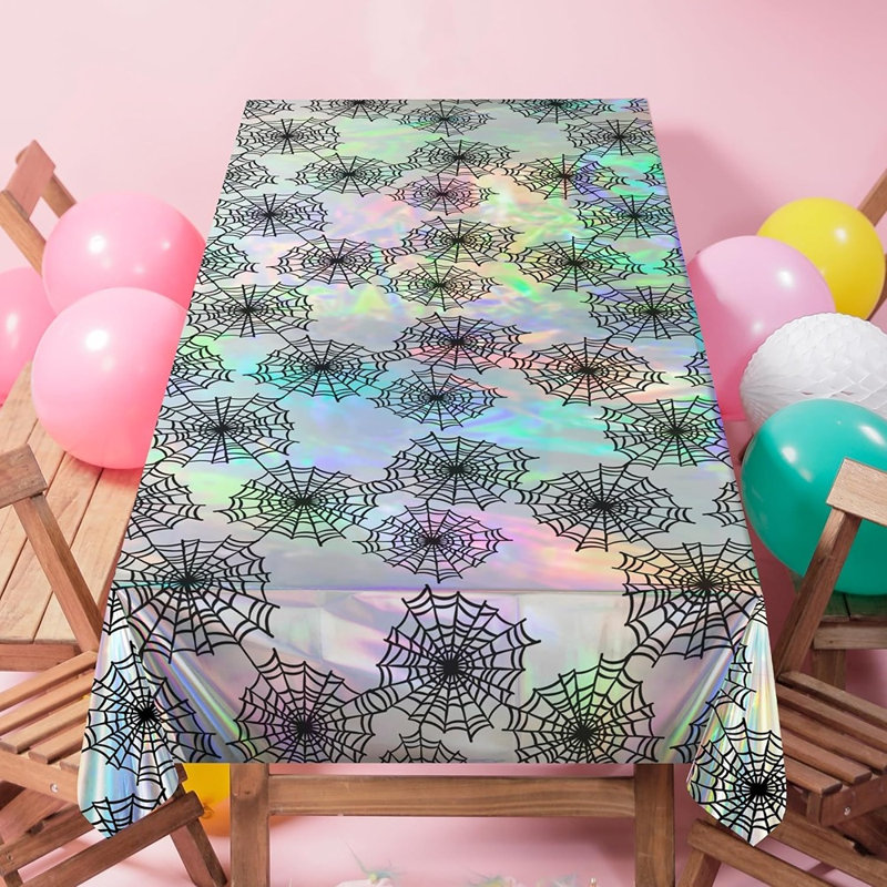 Lot de 2 nappes irisées holographiques à motif toile d'araignée, nappes métallisées effrayantes pour l'Halloween, les fêtes gothiques, les anniversaires, les enterrements de vie de jeune fille et les fêtes d'été.