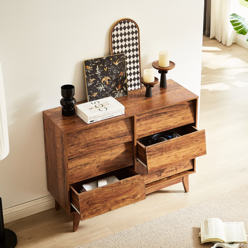 Cansler - style rétro, design biseauté, commode double 6 tiroirs, brun, espace de rangement dans la chambre à coucher