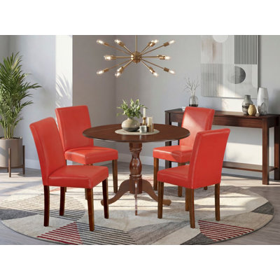 5 Piece Dining Table Set Includes a Round Kitchen Table with Dropleaf and 4 Firebrick Red Faux Leather Parson Dining Room Chairs, Mahogany