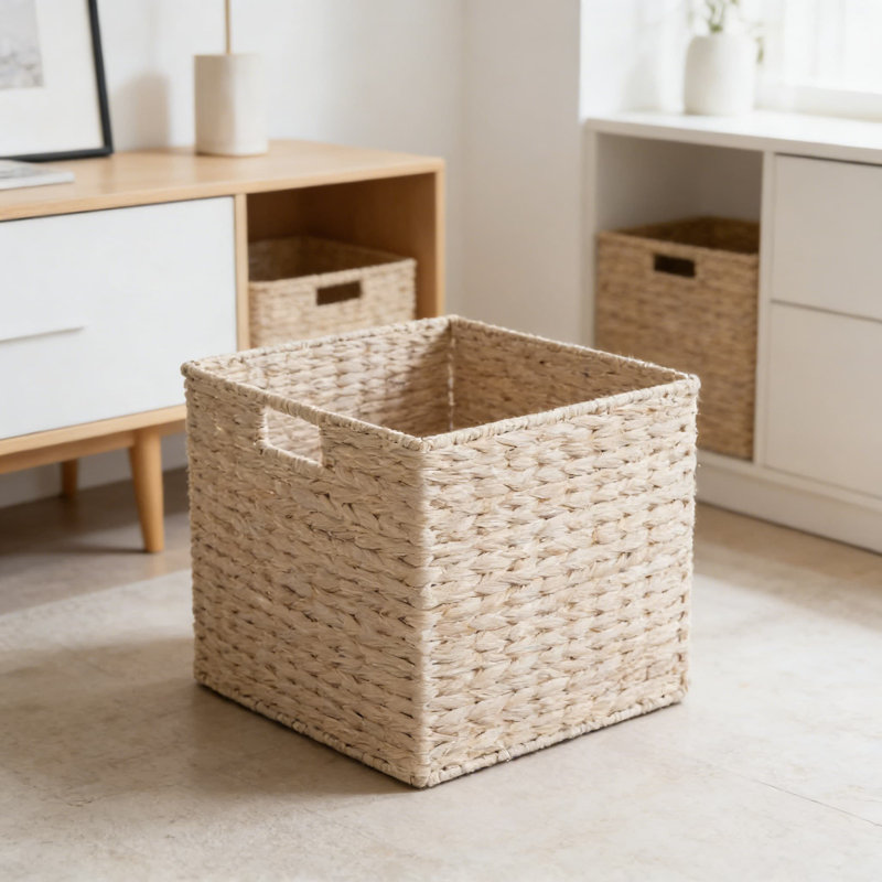 Woven Storage Baskets, Set Of 4 Hyacinth Organizer Cubes With Metal Frame For Home Organization In Bathroom, Bedroom, And Laundry