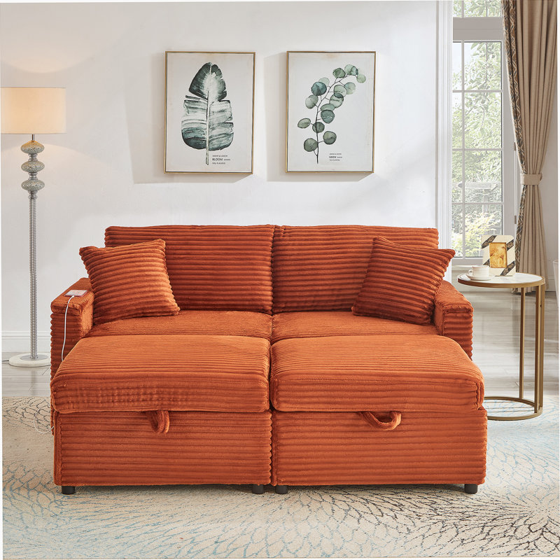 Comfortable Fluffy Corduroy Lazy Sofa With Storage, Double Ottomans, And Table Board For Ultimate Relaxation, Orange