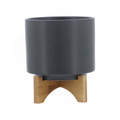 8" PLANTER W/ WOOD STAND, MATTE GRAY