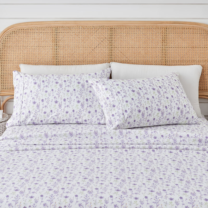 Ensemble de draps en microfibre à imprimé floral, Ensemble de draps pour très grand lit avec 2 taie, Floral coloré - lavande