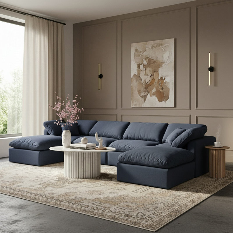 Canapé modulaire en coin 6 pièces Hinami, Tissu texturé en lin bleu marine