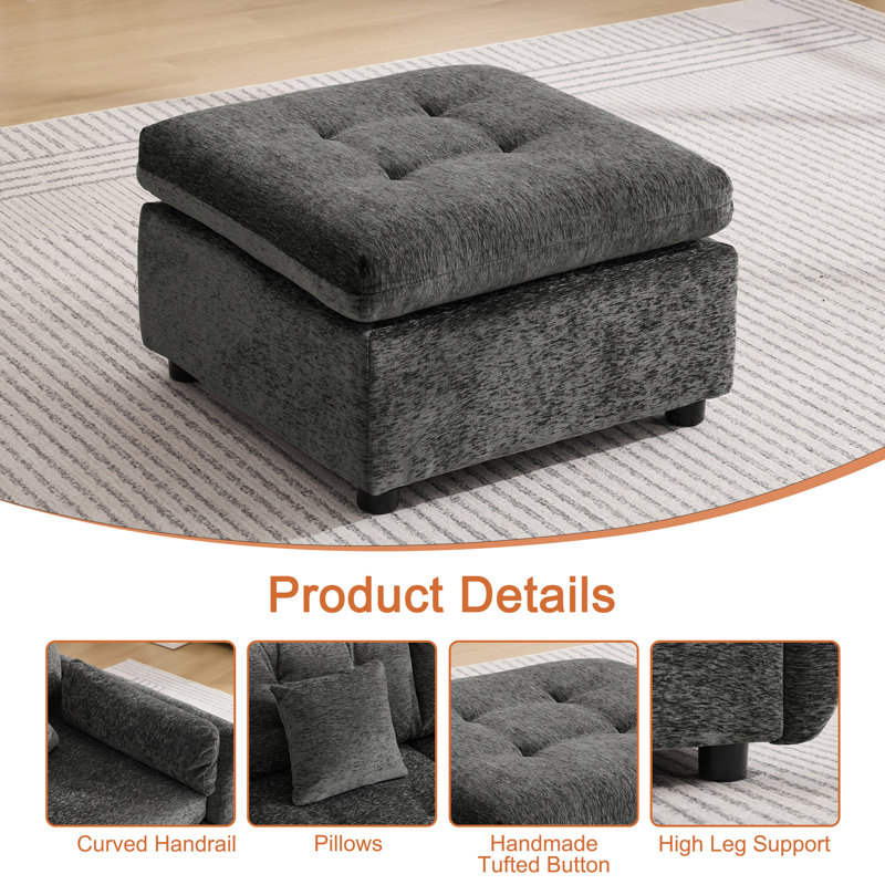 Chenille Tufted Ottoman - Square Accent Stool, Dark Gray