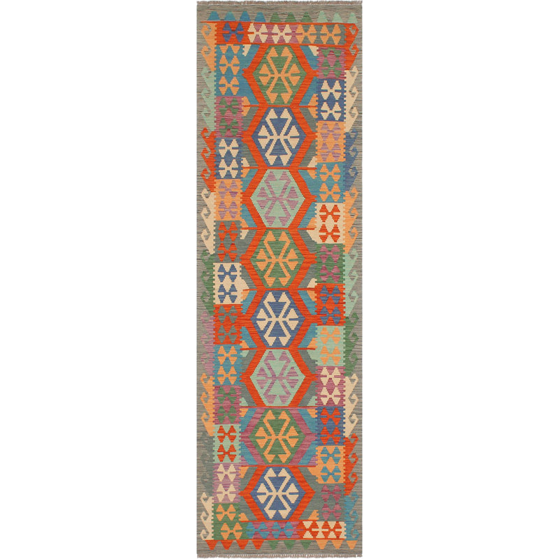 Tapis de couloir géométrique bleu / gris / rouge en laine noué à la main 2 pi 9 po x 9 pi 9 po Cedora