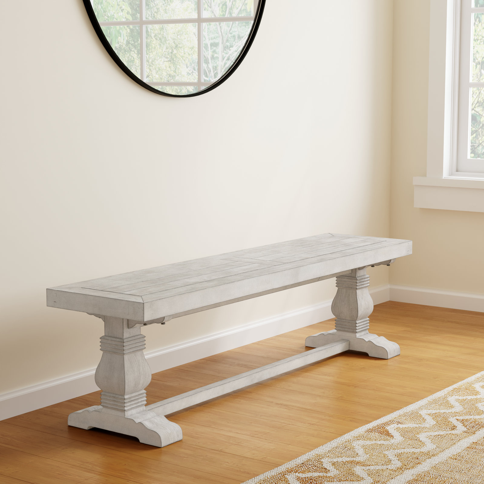 Kinston Dining Bench, 18" H x 66" W x 16"D, Distressed Ivory