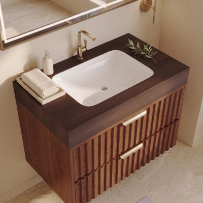 Meuble-lavabo flottant 30 po avec lavabo en céramique fritté sans soudure et 2 tiroirs à fixation murale