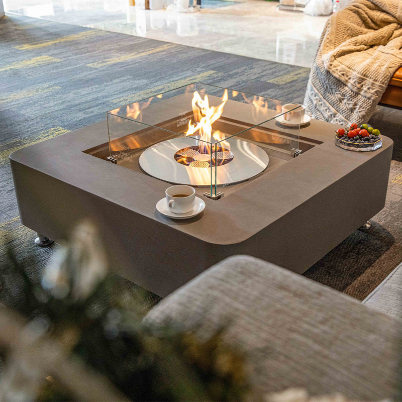 Brisseyda Square Concrete Bio-Ethanol Smokeless Fire Pit Table with Lid, Space Gray