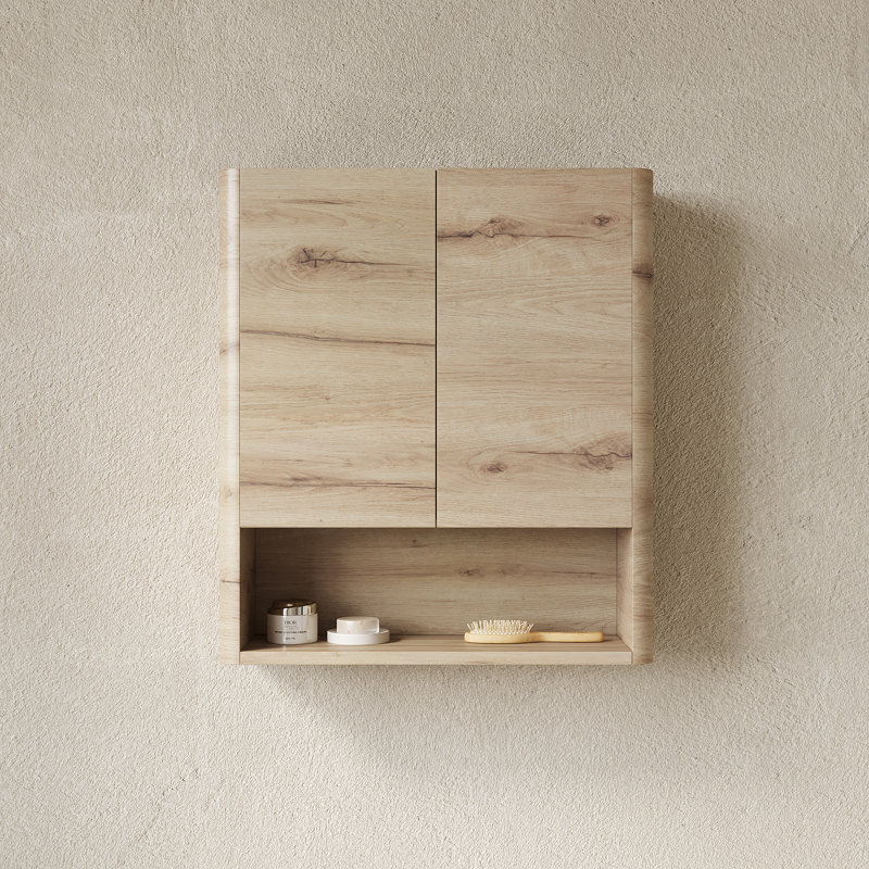 26" Wall Mounted Bathroom Storage Cabinet With Curved Edge Design, Soft-Close Doors & Open Shelf, Modern Floating Organizer For Bathroom, Laundry, Or Kitchen (White Oak / Beige)