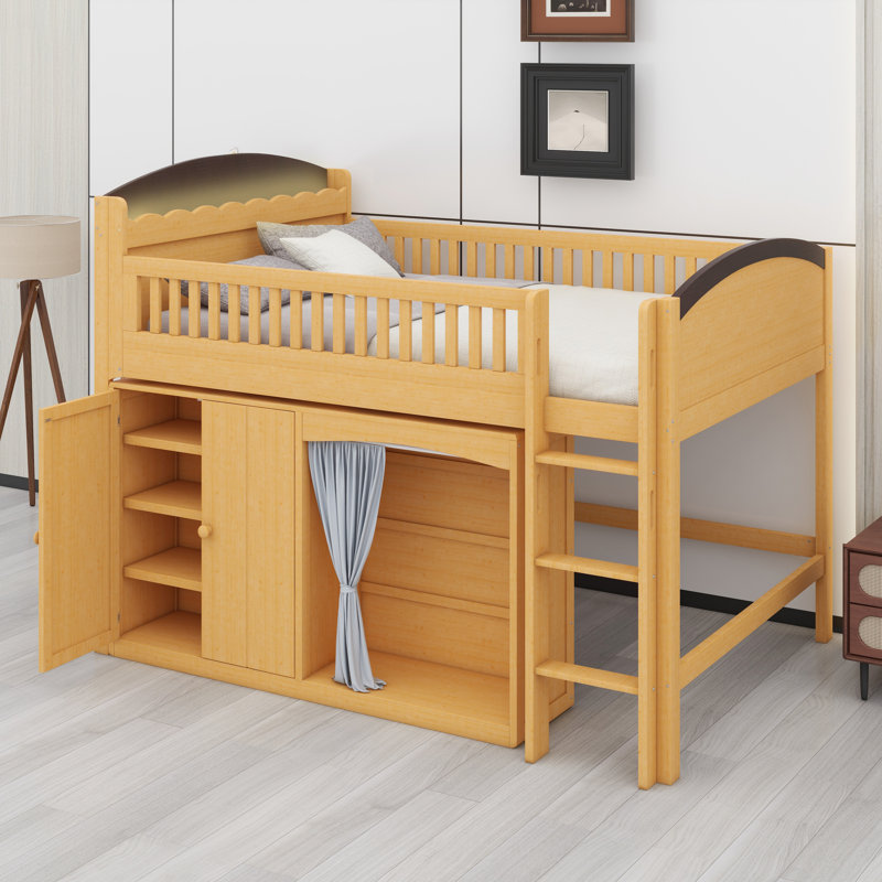 Lit mezzanine avec armoire de rangement intégrée, garde-robe spacieuse et système d'éclairage DEL intégré, Bois