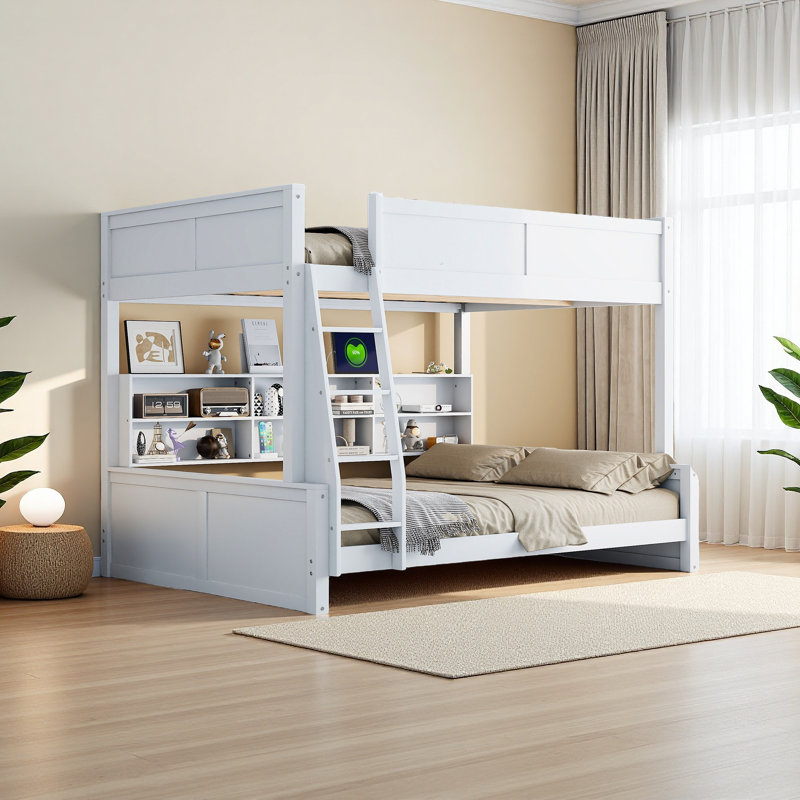 Lit superposé avec armoires de rangement et ports USB, Blanc antique, Double TG sur grand