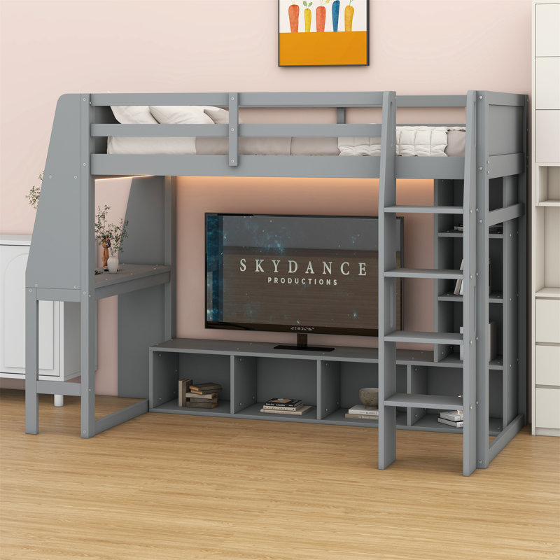 Lit mezzanine en bois avec bureau, étagères à rangement multiples, DEL et portemanteau suspendu