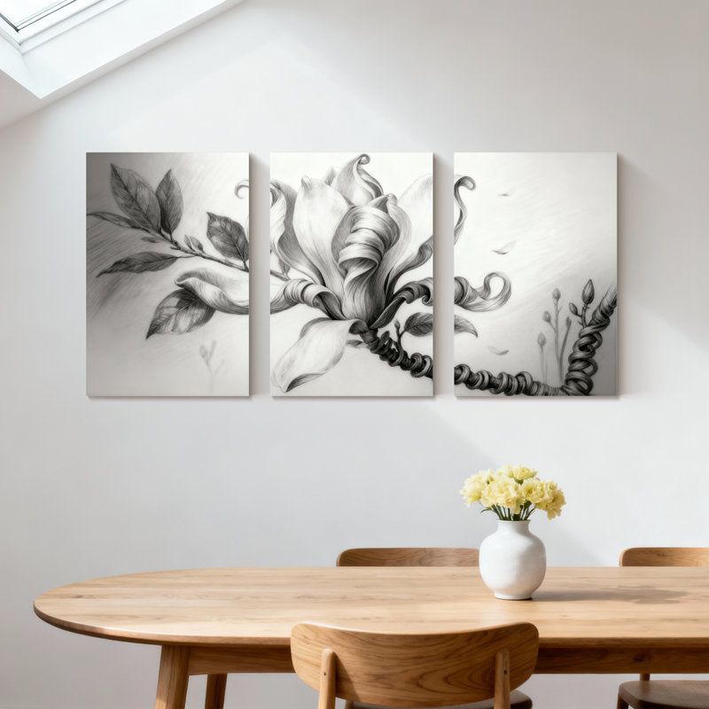 Magnolia noir et blanc, ensemble de 3 reproductions d'art sur toile, H 30 po x l 60 po