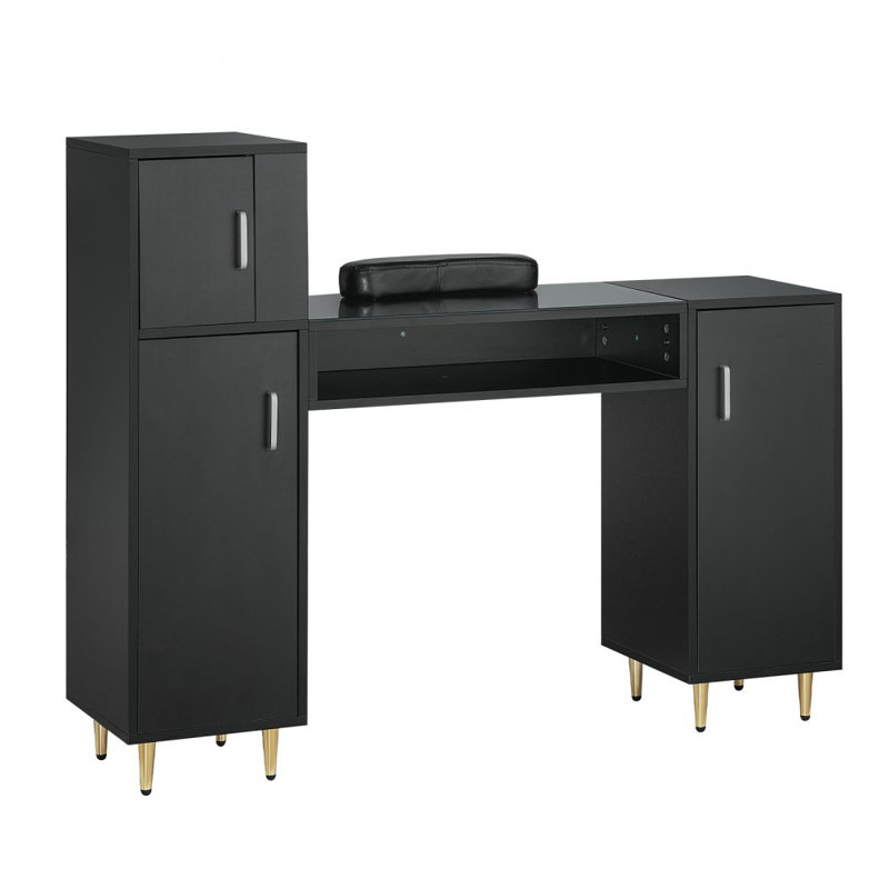 Table de manucure, bureau à clous en verre, poste de maquillage avec armoires de rangement, Noir, noir, noir, noir