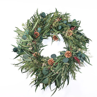 Couronne de porte artificielle de 24 po en forme de ferme naturelle séchée d'eucalyptus avec pommes de pin automne et hiver