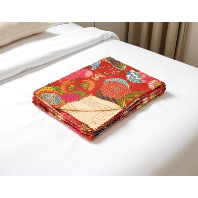 50" X 70" Blue Green And Red Floral Cotton Quilted Kantha Throw Blanket with Embroidery