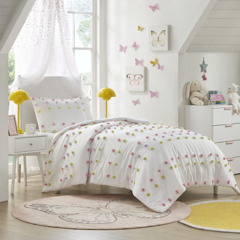 Twin White Pompom Clip Jacquard Duvet Cover Set