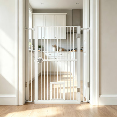 Extra Tall Adjustable Pet Gate for Cats & Dogs - With Extension Kits, Pressure Mount Drill‑Free, White - Safety Barrier for Doorway Kitchen Indoor House