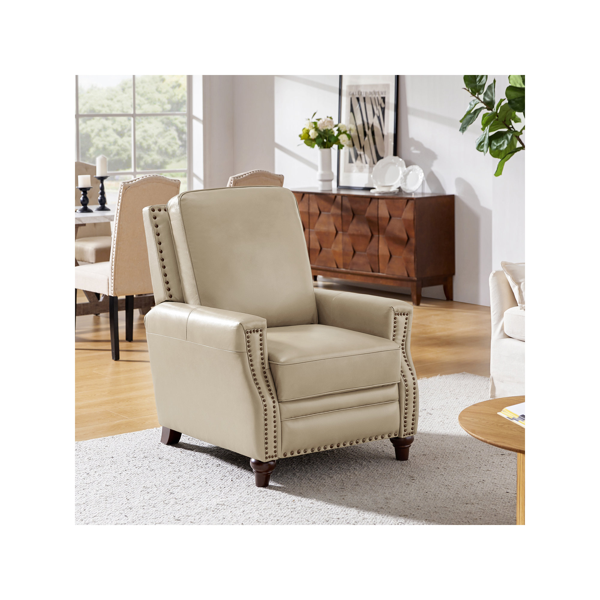 Andrena Genuine Leather Recliner with Nailhead Trim, Beige Genuine Leather