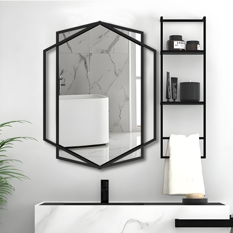 Wall Decorative Mirror, Modern Wall Mirror For Bathroom, Wall Vanity Mirror With Irregular And Rectangular Metal Black Frame