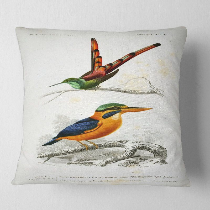 Oiseau rétro I - coussin traditionnel imprimé, 16" x 16"