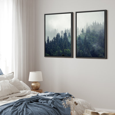 «Misty Forest Landscape Mountain Green Pine Trees Nature», reproduction de photo sur toile 2 pièces