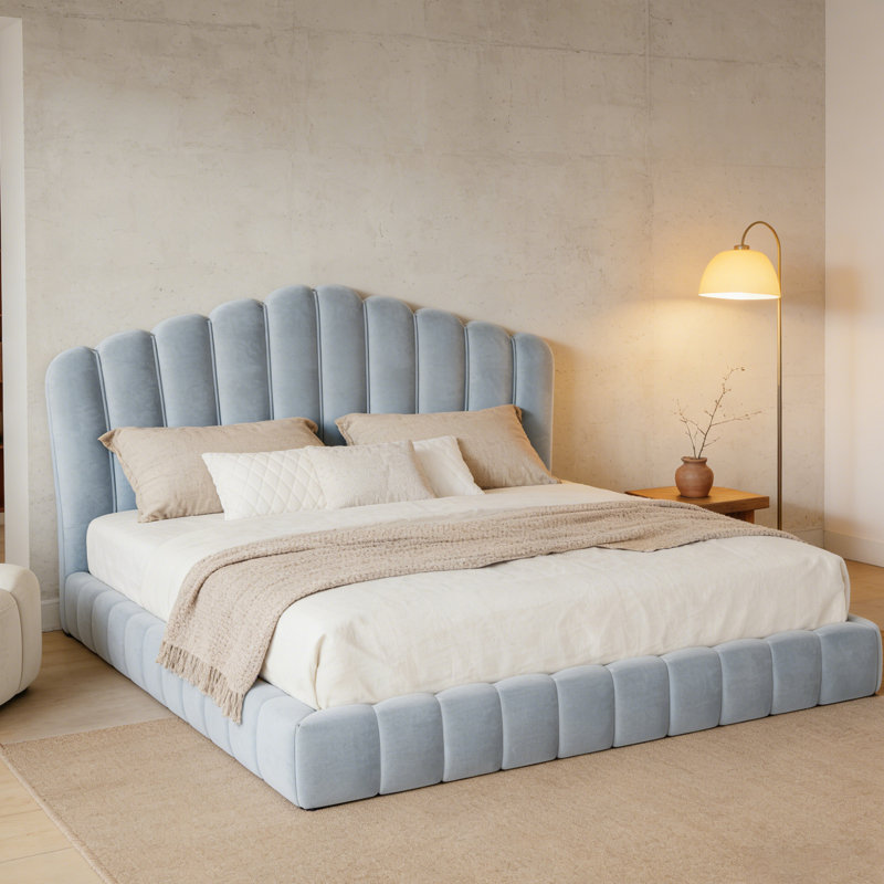 Structure de lit tapissier en velours avec tête de lit en forme de coquille, aucun sommier nécessaire pour la chambre à coucher
