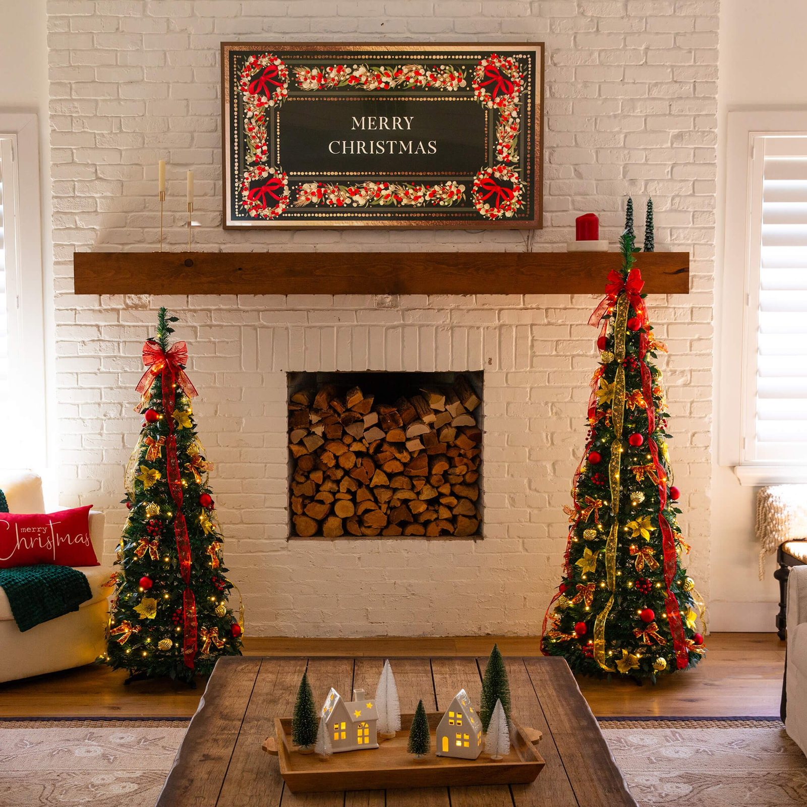 Red 7' Pre-Lit Pine Christmas Tree, 5" H x 20" W x 16" D