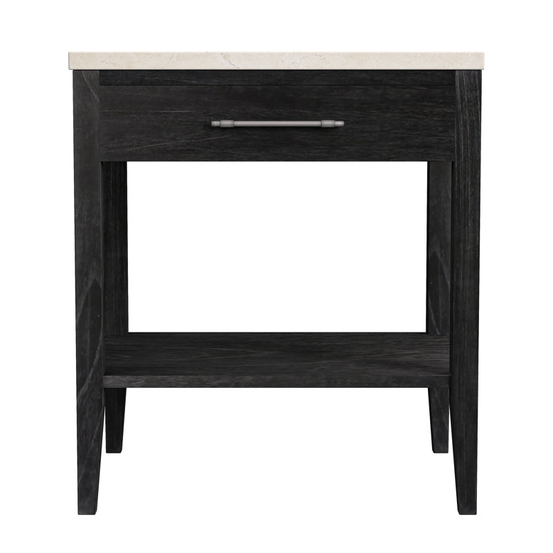 Isa 22 in. W Marble Top 1 Drawer Nightstand with Shelf, Washed Black, Black