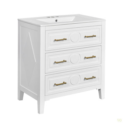 Ensemble de meuble-lavabo simple 30 po avec 3 tiroirs, meuble-lavabo autoportant avec cadre en bois massif 30 po