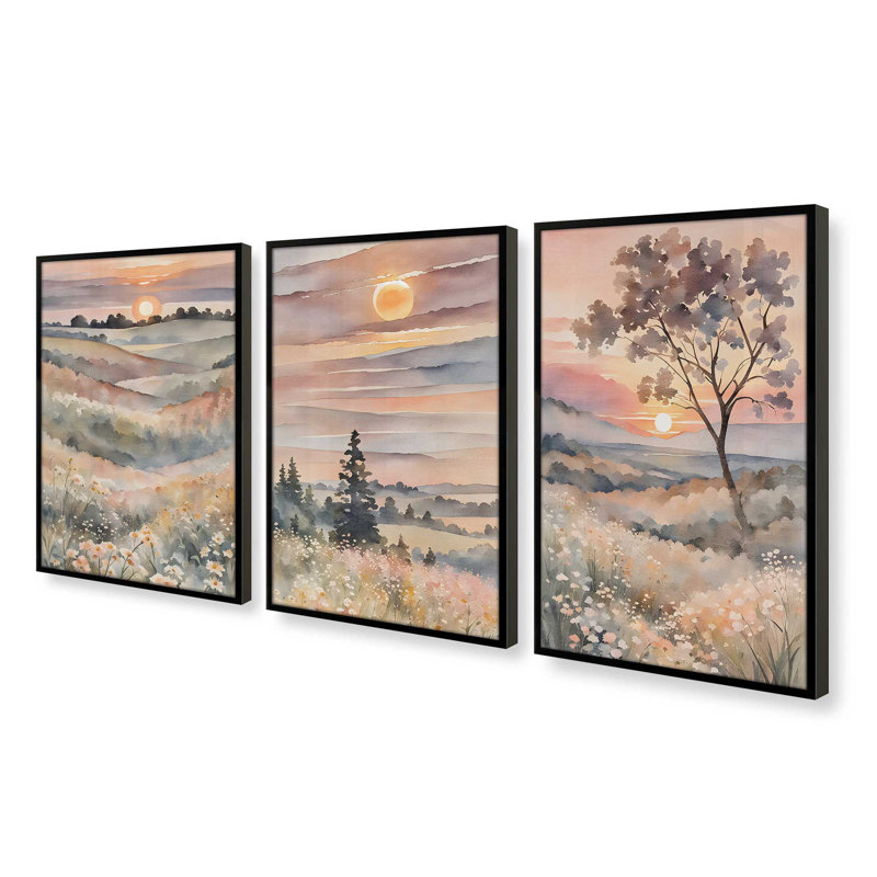 Coucher de soleil dans la vallée en fleurs, ensemble de 3 impressions, Cadre noir satiné, H 37,5 po x l 49,5 po x P 1,25 po