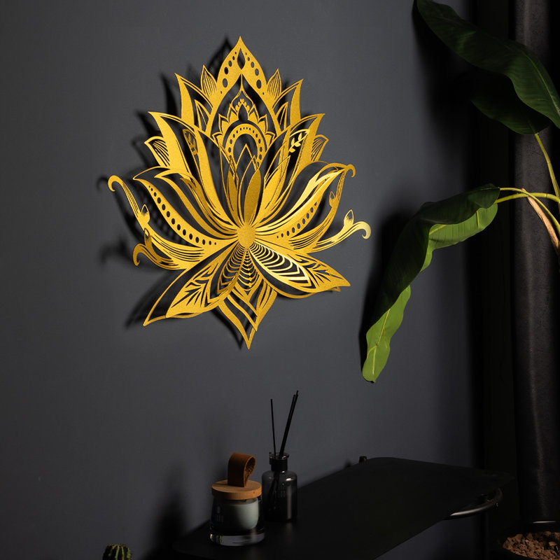 Décoration murale 3D Mandala Lotus en métal, Or, H 26 po x l 35 po x P 2 po