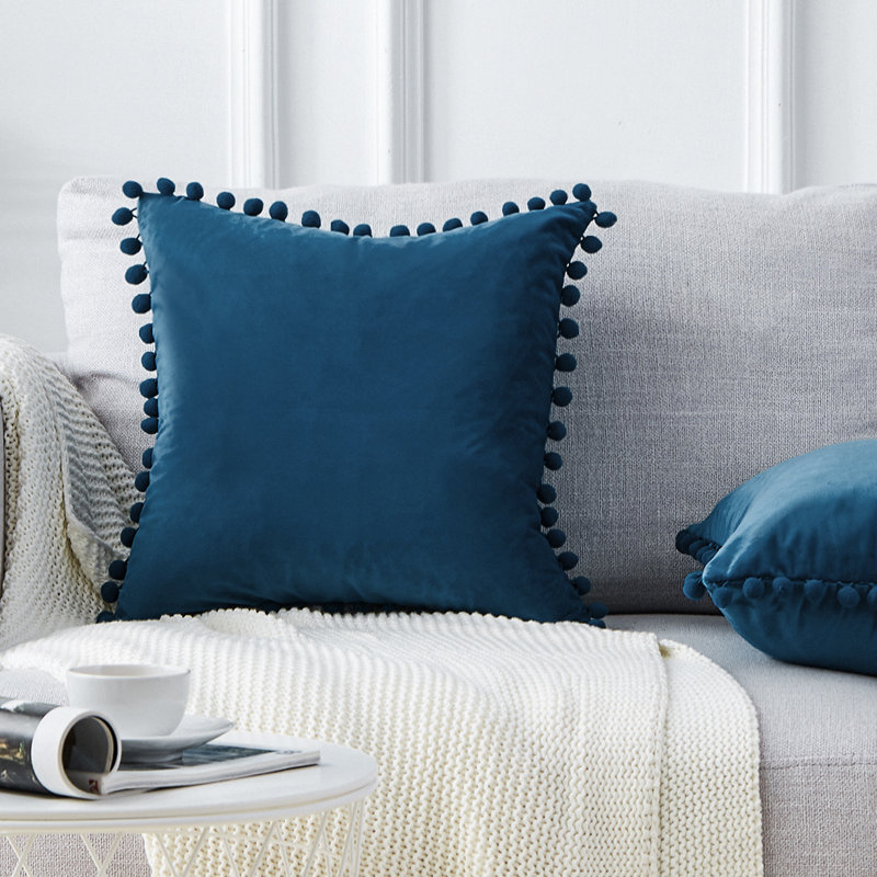 Pom Pom Velvet Tassels Pillow Cover, Blue, 20"x20"