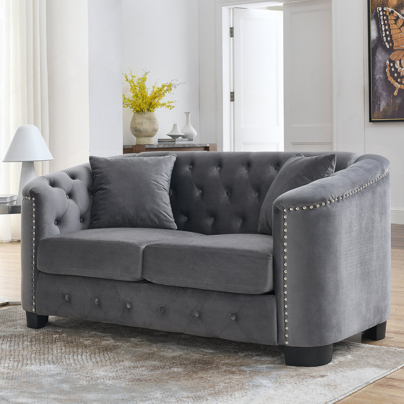 Canapé Hafid, Velours gris velours, H 30 po x l 59 po x P 31,5 po