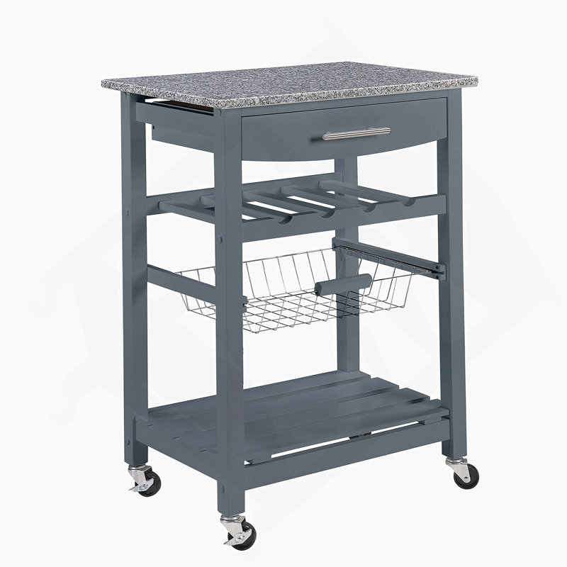 Mobile Rolling Kitchen Island Trolley Serving Cart with Underneath Drawer & Slide-Out Wire Storage Basket, Grey